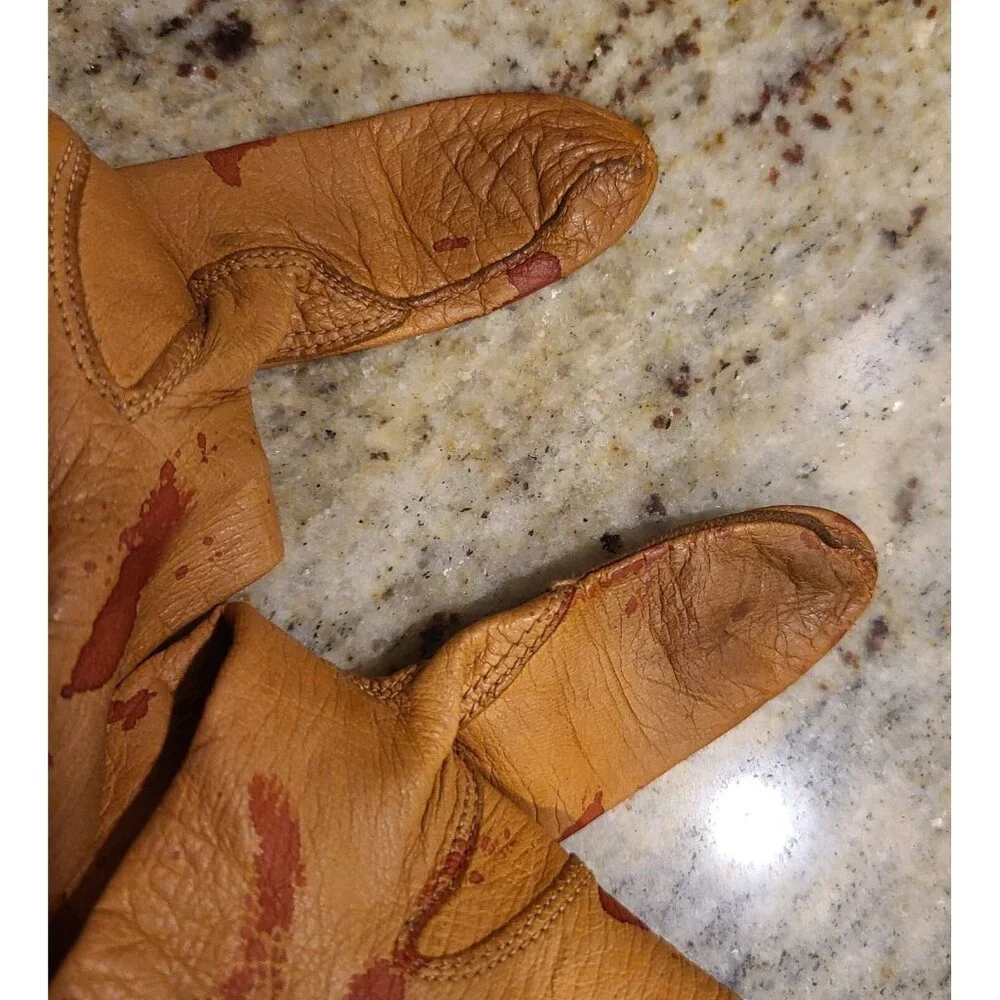 Vintage Size S Brown Leather Gloves Fake Bloody Horror Costume Slashed Worn